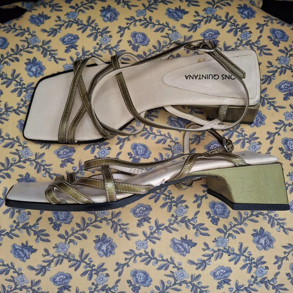 Y2K Vintage Pons Quintana Olive Square Toe Luxury‎ Block Heel Strappy Sandals 37